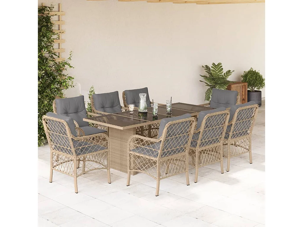 Set Pranzo da Giardino 9 pz con Cuscini Beige Misto Polyrattan