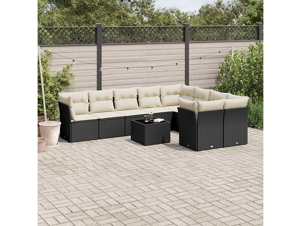 10-tlg. Garten-Sofagarnitur mit Kissen Schwarz Poly Rattan