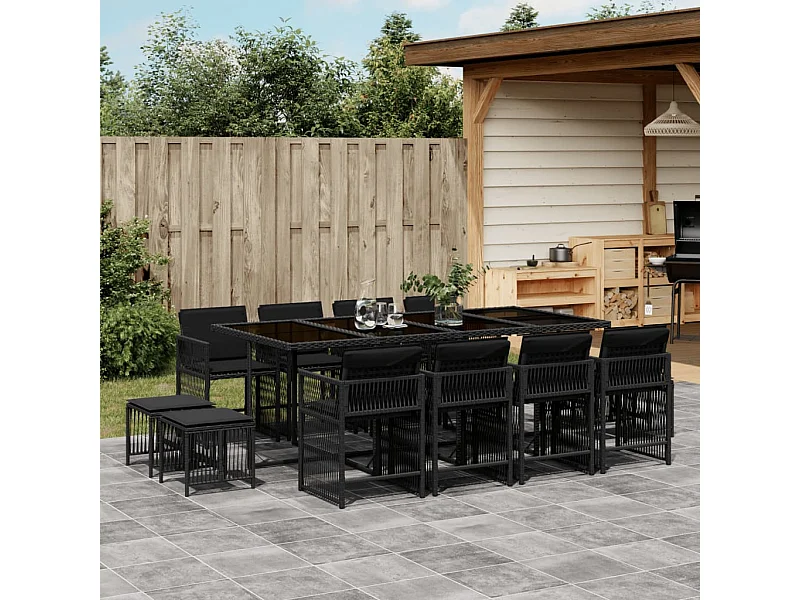 Ensemble à manger de jardin 13 pcs coussins noir résine tressée