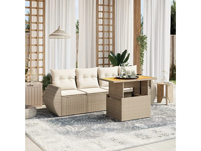 Salon de jardin avec coussins 5 pcs beige résine tressée