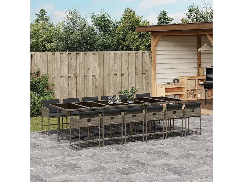 13-tlg. Garten-Essgruppe mit Kissen Grau Poly Rattan