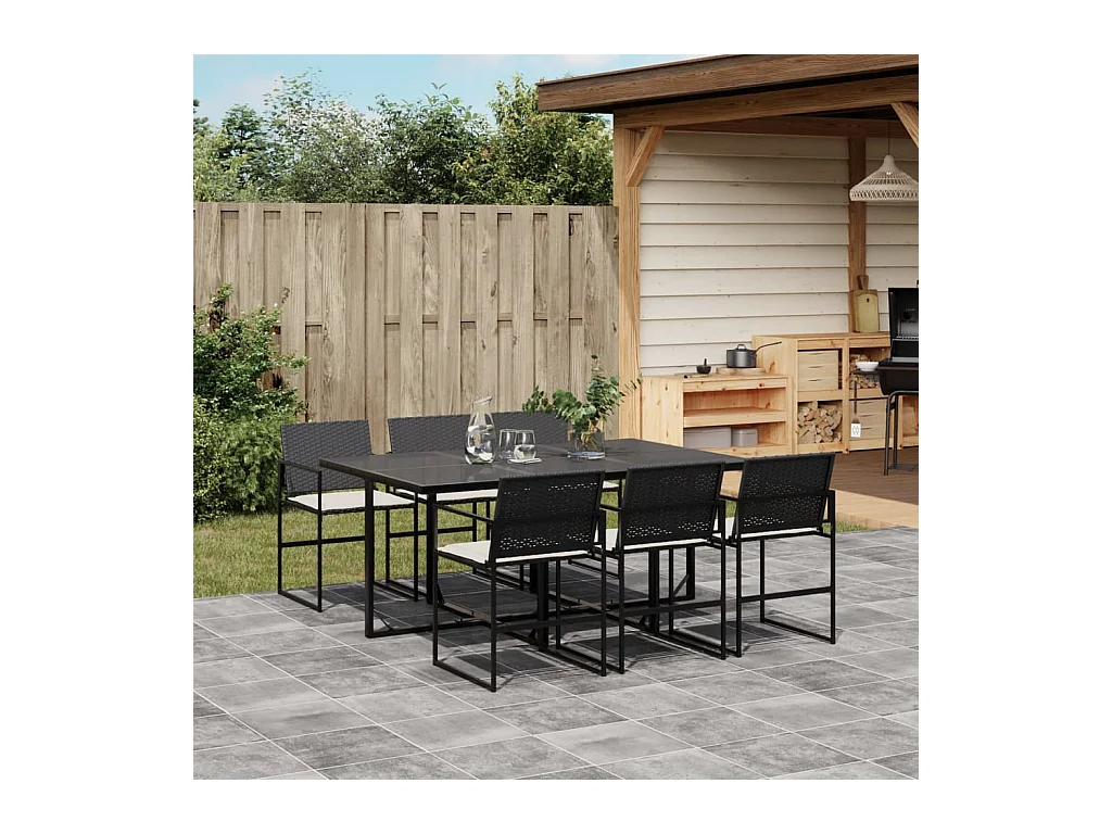 Set da Pranzo da Giardino 7 pz Nero con Cuscini in Polyrattan