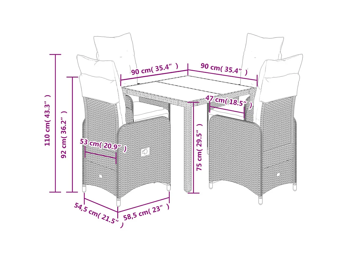 5-delige Bistroset met kussens poly rattan bruin
