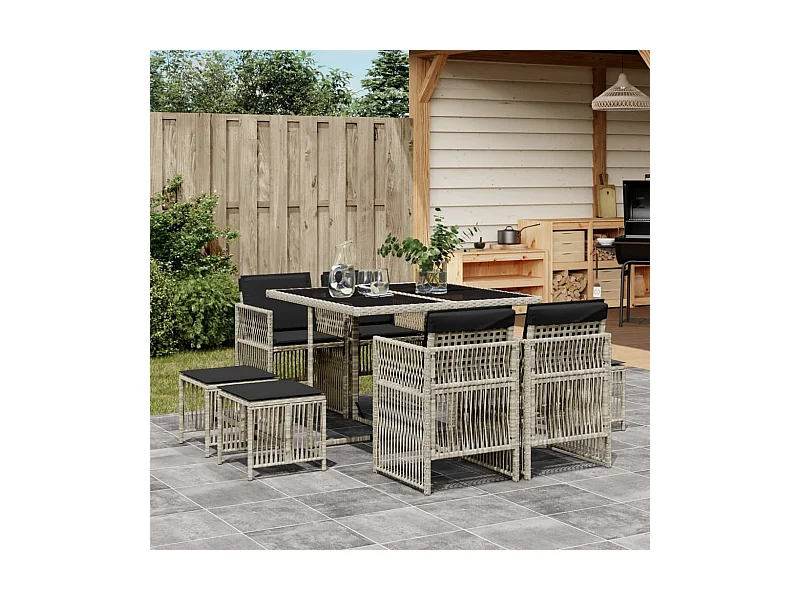 9-tlg. Garten-Essgruppe mit Kissen Hellgrau Poly Rattan