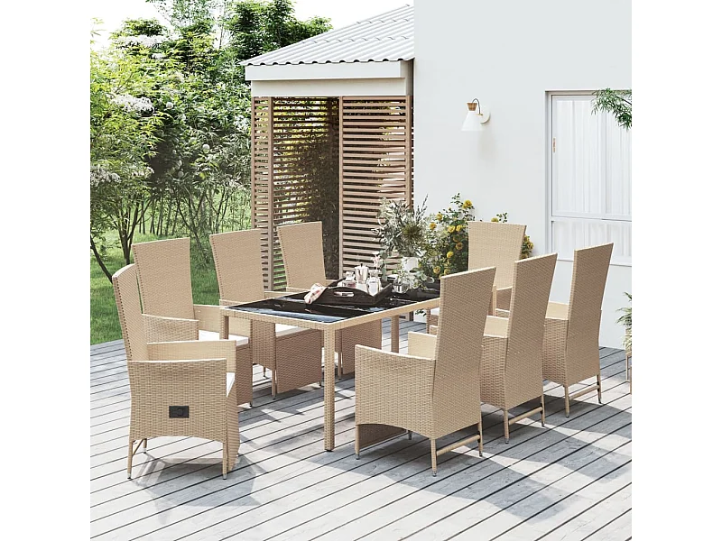 Set da Pranzo da Giardino 9 pz con Cuscini Beige in Polyrattan