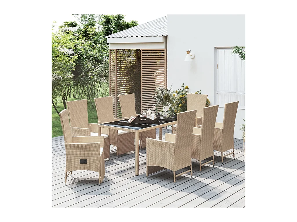 Ensemble à manger de jardin et coussins 9 pcs beige Poly rotin