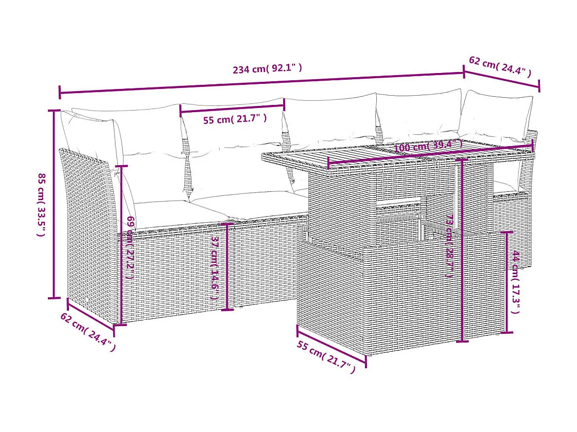 5-tlg. Garten-Sofagarnitur mit Kissen Schwarz Poly Rattan