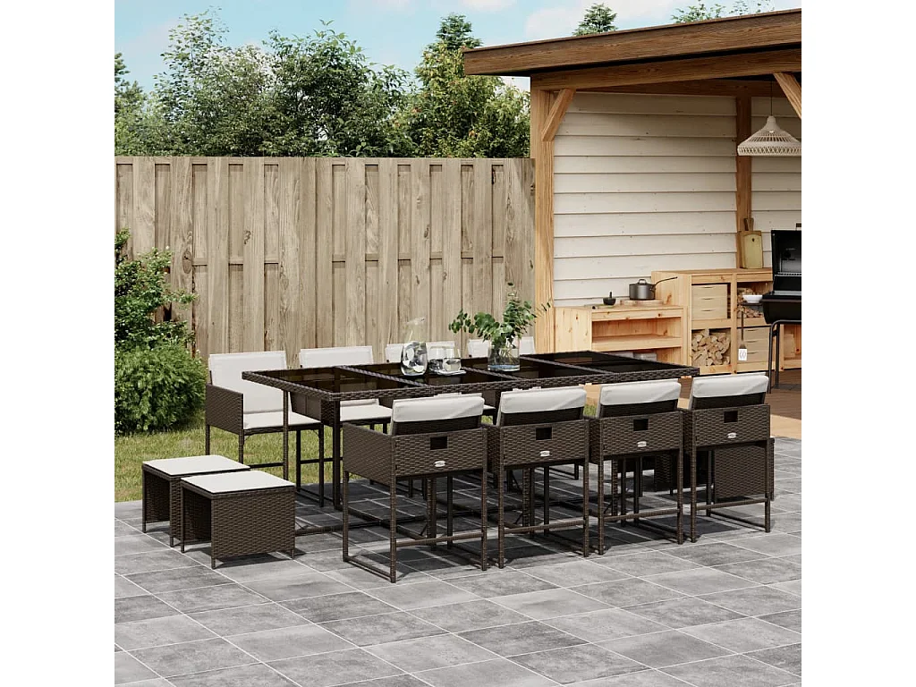 13-tlg. Garten-Essgruppe mit Kissen Braun Poly Rattan