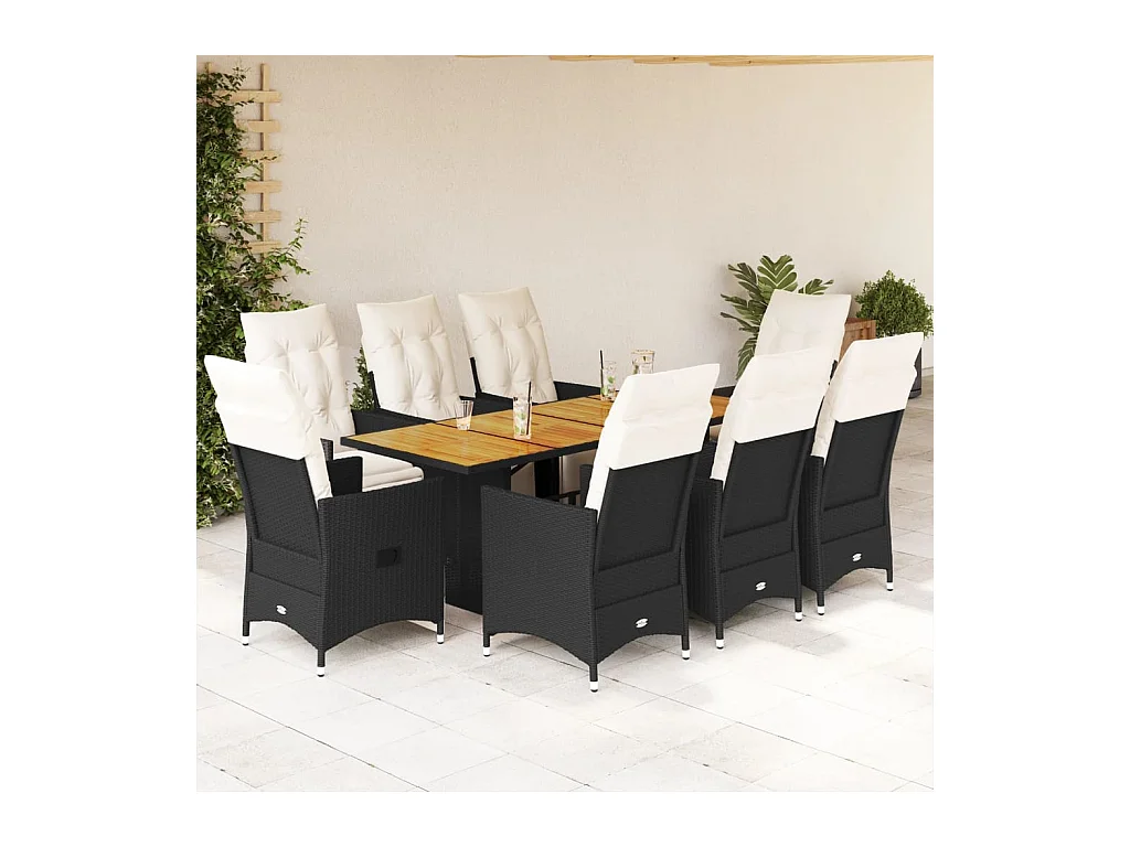 Ensemble à manger de jardin 9pcs coussins noir résine tressée