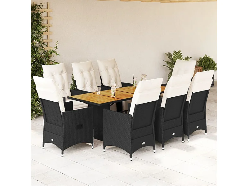 Ensemble à manger de jardin 9pcs coussins noir résine tressée