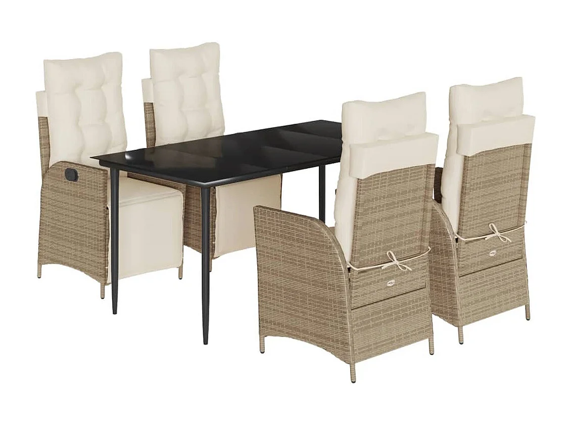 5 pcs conjunto de jantar p/ jardim com almofadões vime PE bege