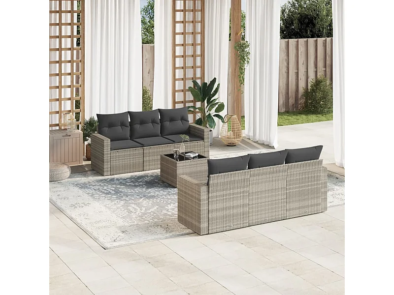 7 pcs conj. sofás jardim com almofadões vime PE cinzento-claro