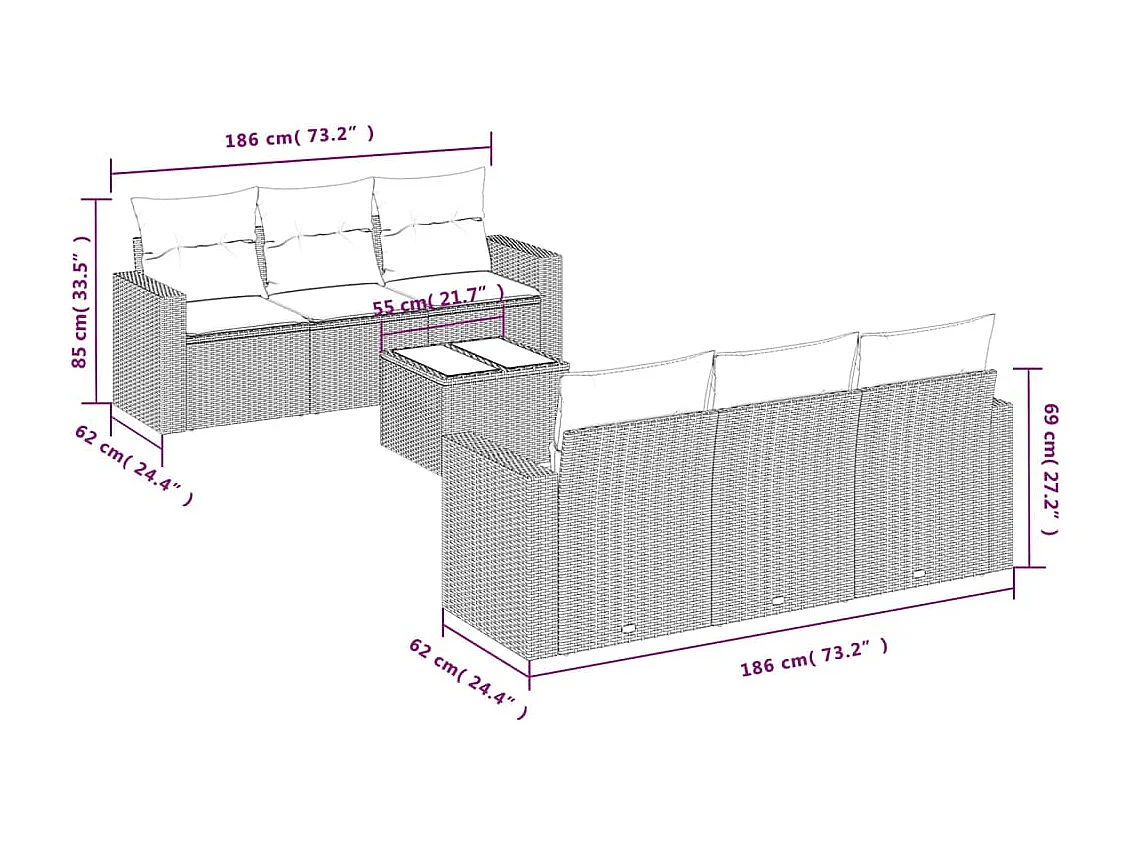 Set Divani da Giardino 7pz con Cuscini Grigio Chiaro Polyrattan