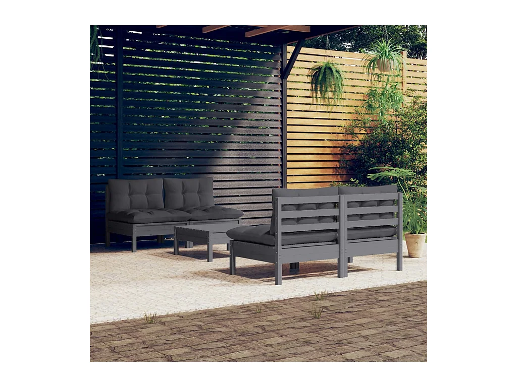 Set Divani da Giardino 5 pz con Cuscini Antracite Legno di Pino