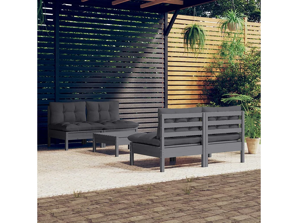 Salon de jardin 5 pcs avec coussins anthracite bois de pin