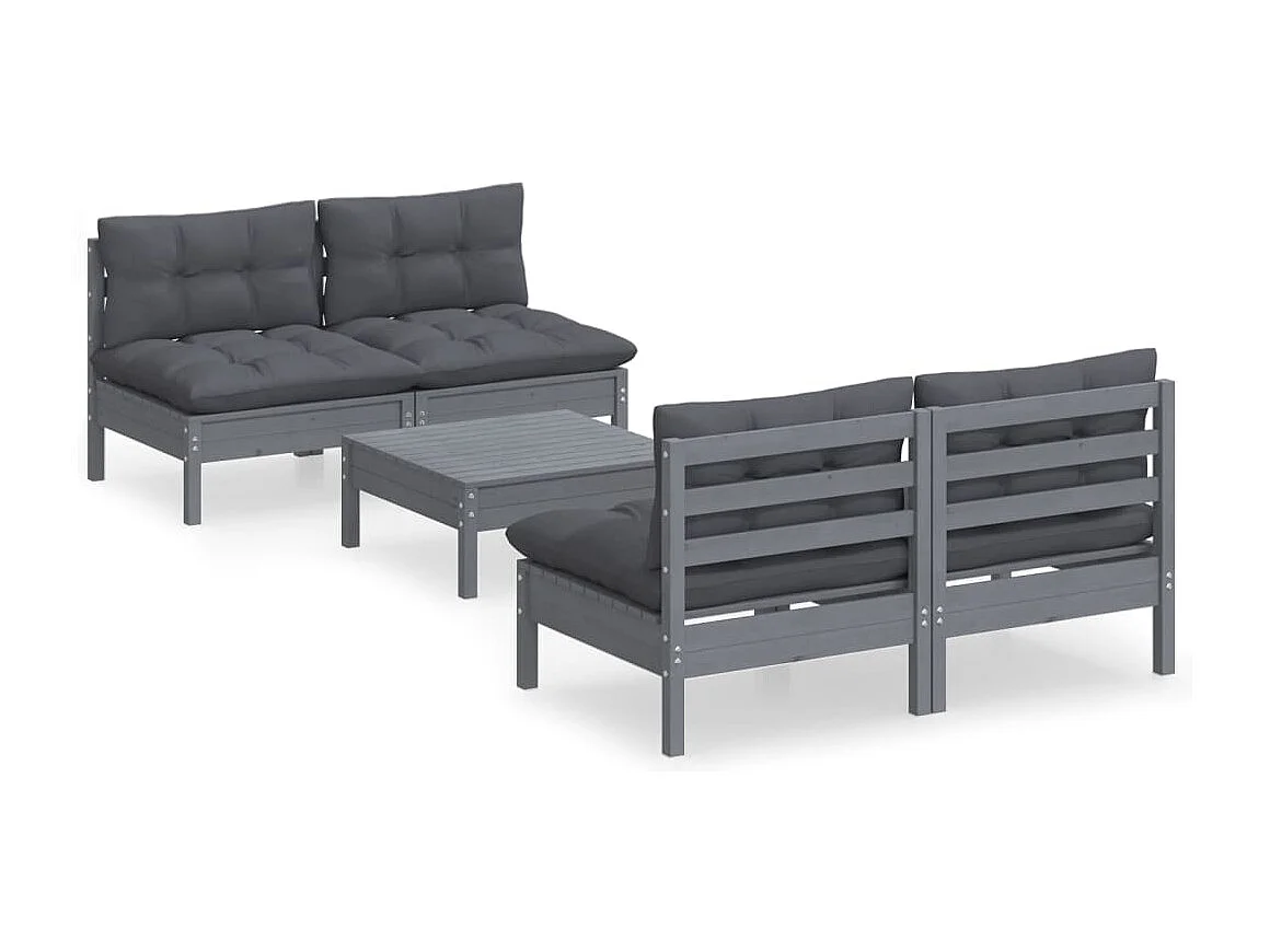 Salon de jardin 5 pcs avec coussins anthracite bois de pin