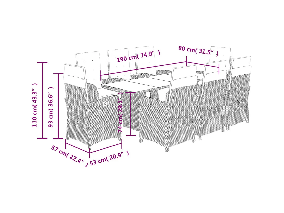 9-delige Tuinset met kussens poly rattan lichtgrijs