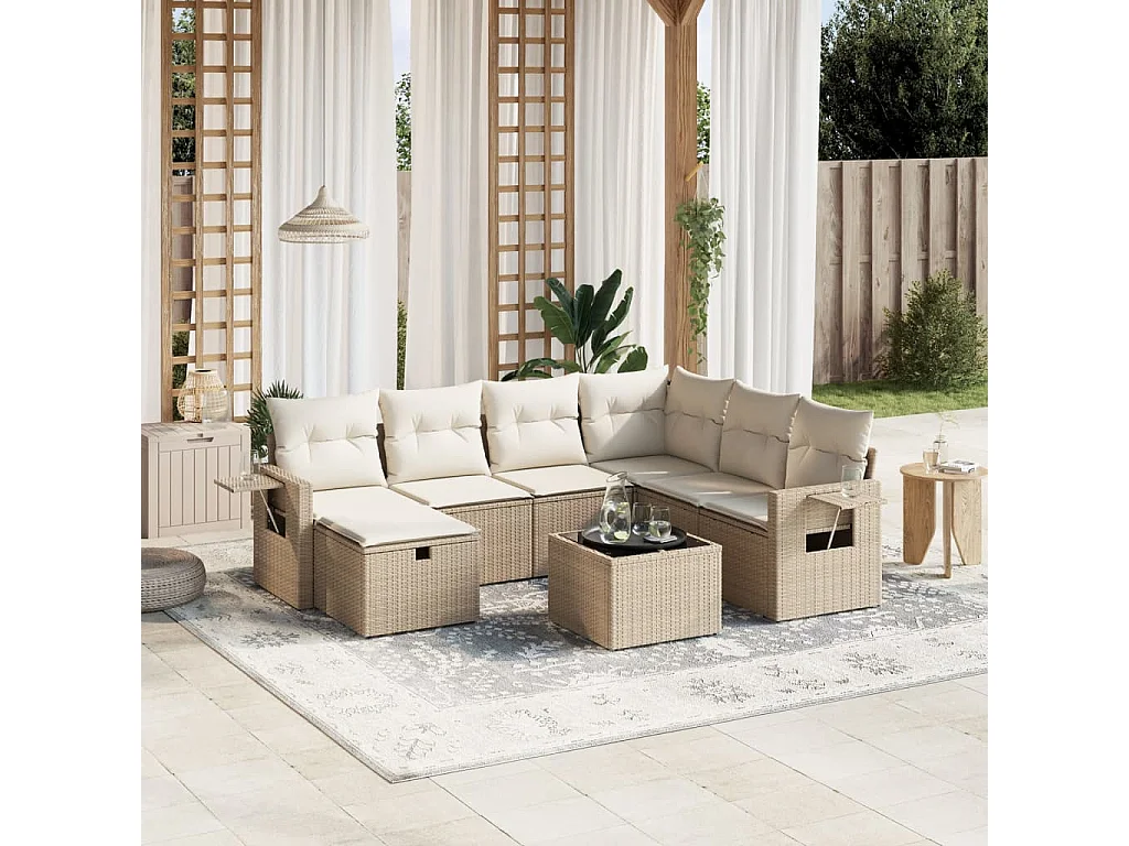 Salon de jardin avec coussins 8 pcs beige résine tressée