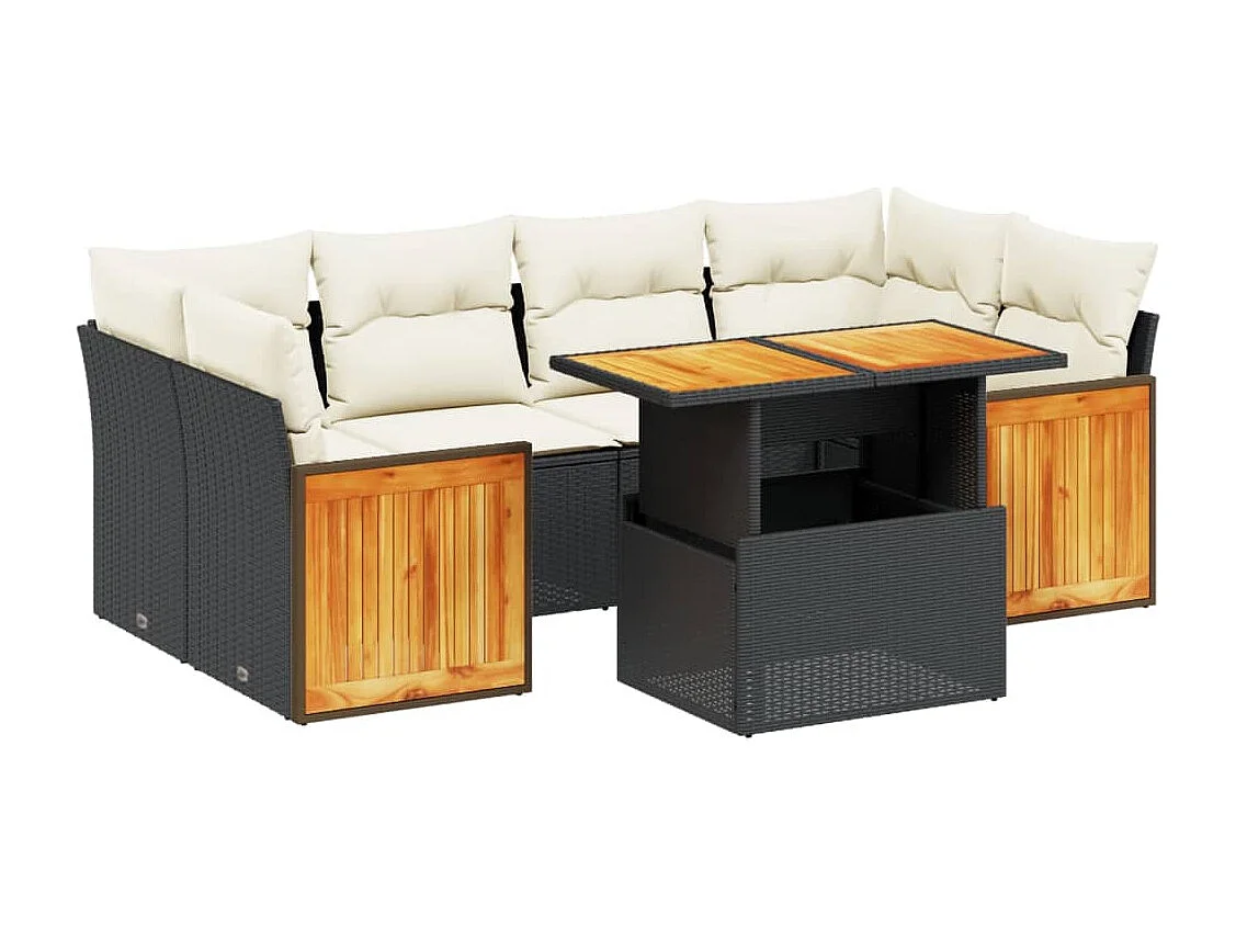 Salon de jardin 7 pcs avec coussins noir résine tressée