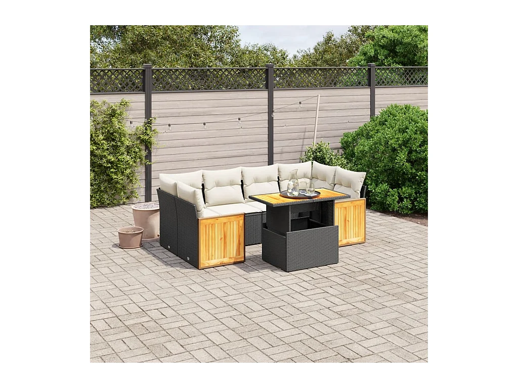 Salon de jardin 7 pcs avec coussins noir résine tressée