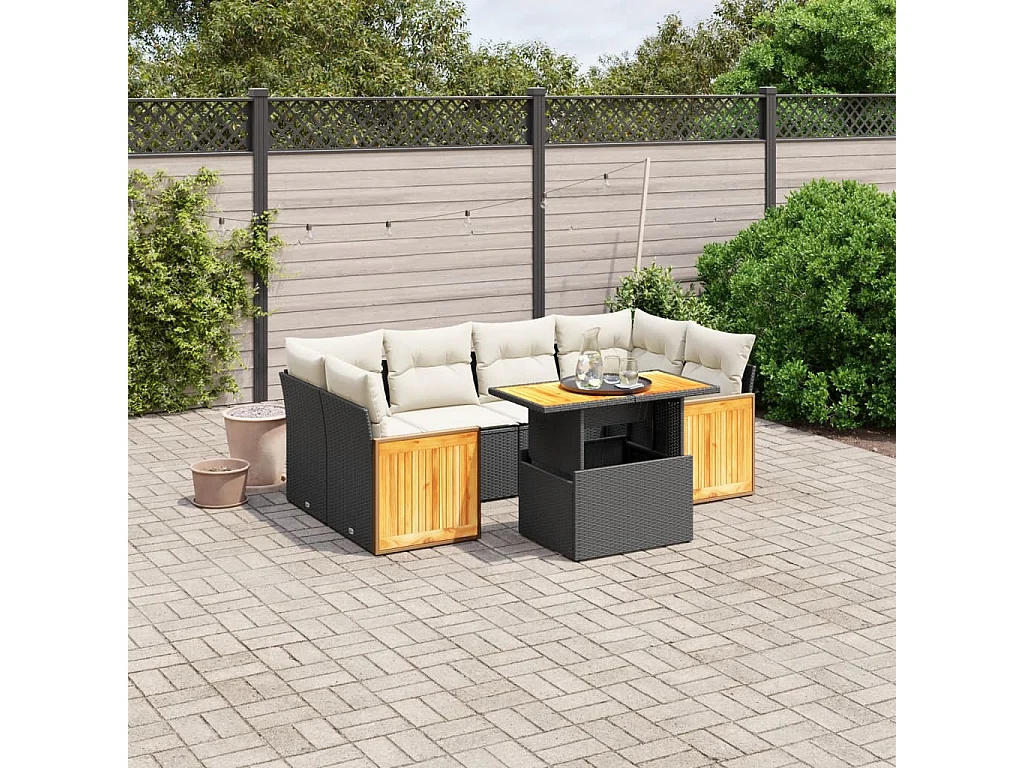 Salon de jardin 7 pcs avec coussins noir résine tressée