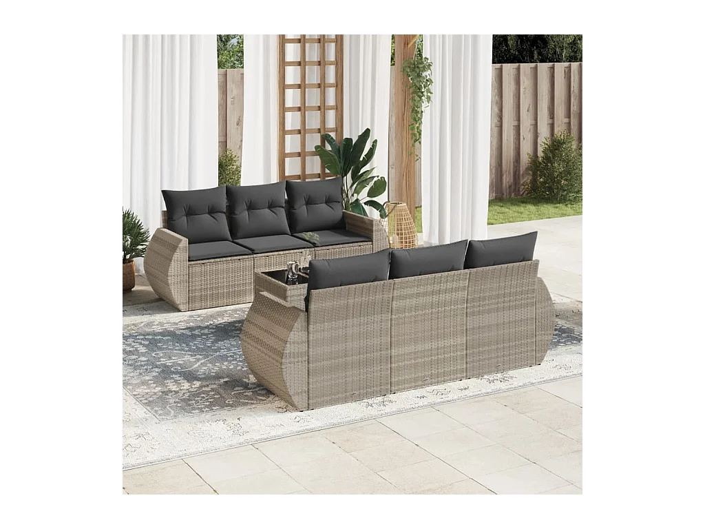 Set Divani da Giardino 7pz con Cuscini Grigio Chiaro Polyrattan
