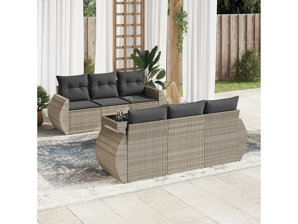 Set Divani da Giardino 7pz con Cuscini Grigio Chiaro Polyrattan