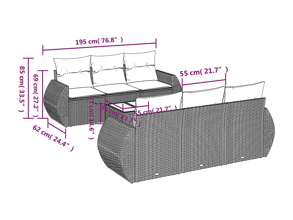 Set Divani da Giardino 7pz con Cuscini Grigio Chiaro Polyrattan