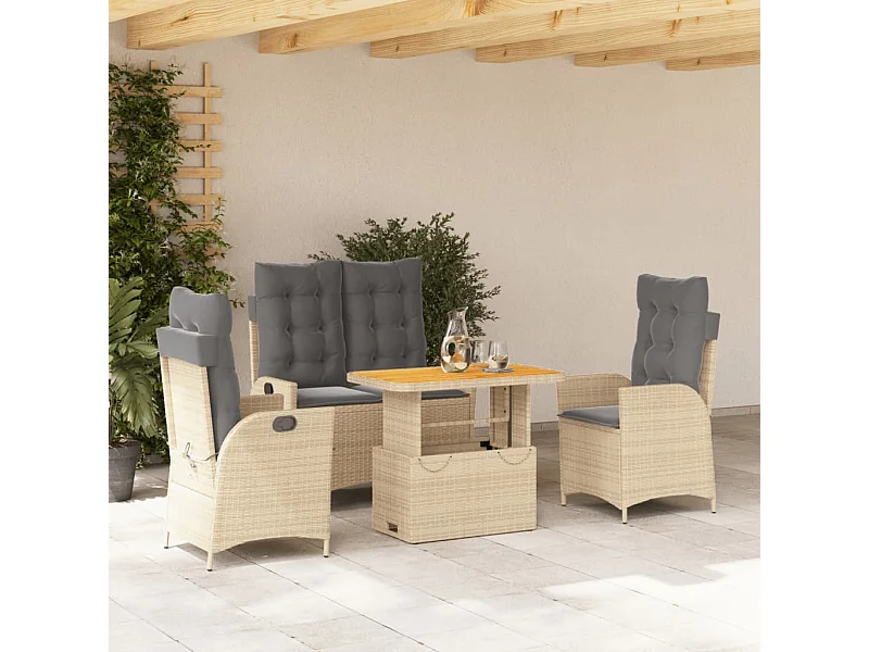 Set de comedor jardín con cojines 4 pzas ratán sintético beige