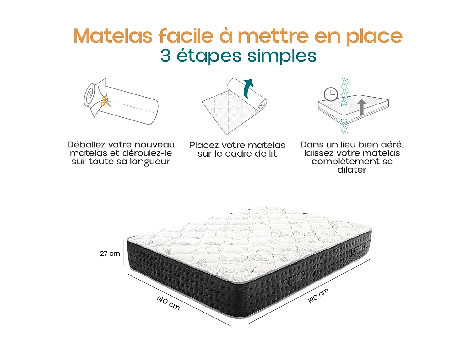 Matelas MORGA 140x190 cm, à ressorts ensachés, en mousse haute densité, Soutien très ferme, face été/hiver, épaisseur 27 cm