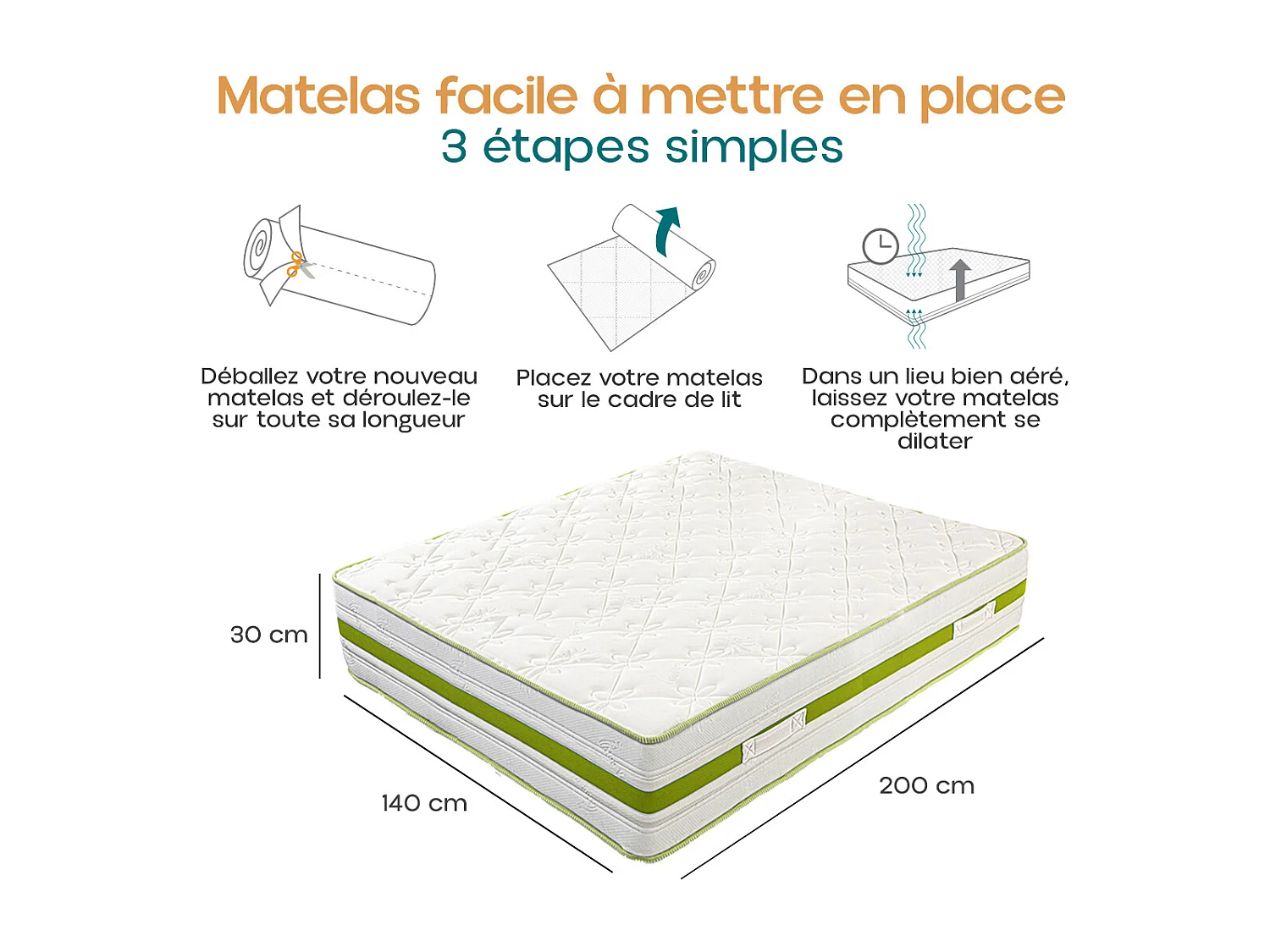 Matelas ZOULA 140x200 cm, réversible mémoire de forme, ferme, indépendance du couchage, certifié OEKO-TEX, épaisseur 30 cm