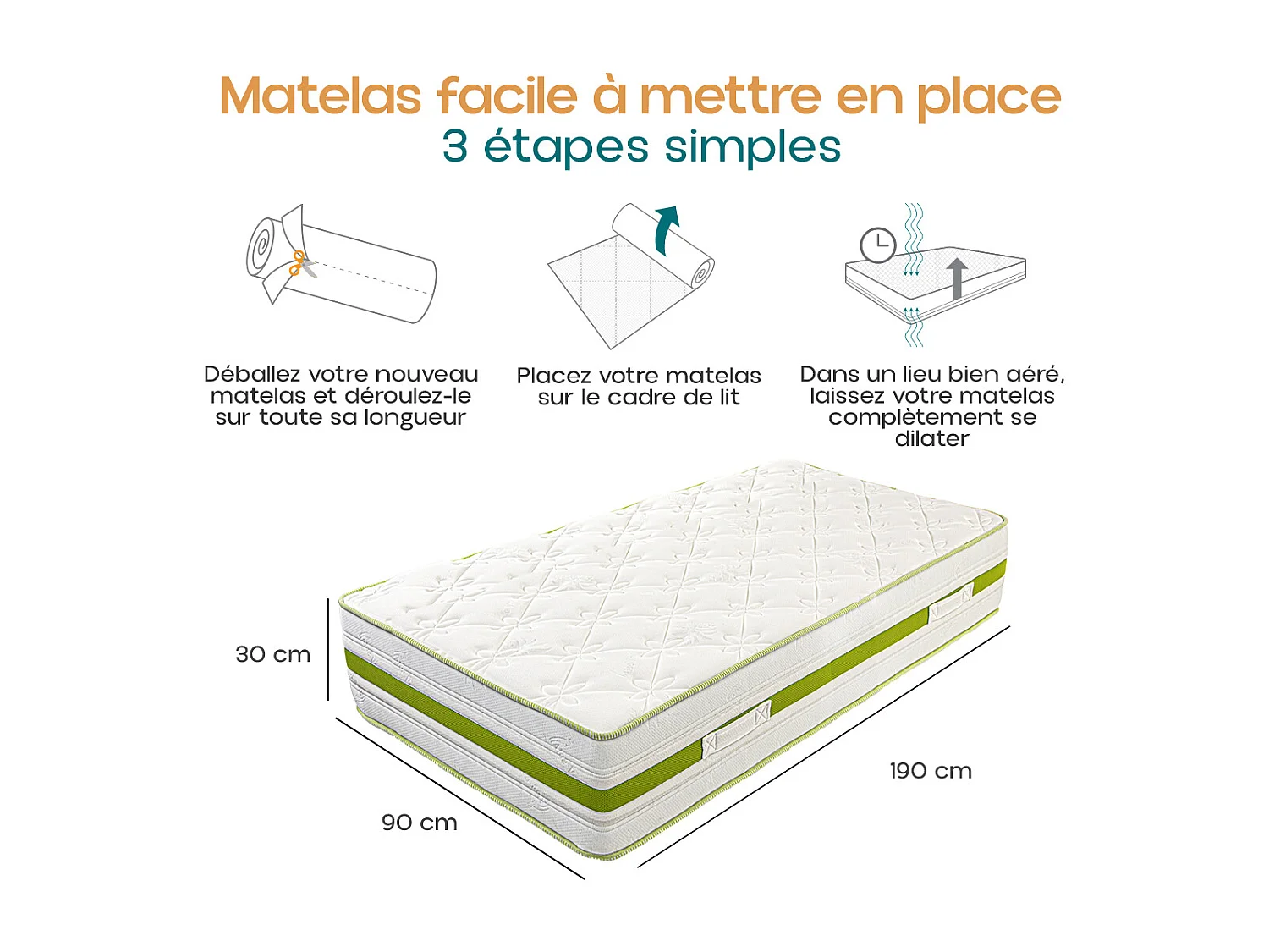 Matelas ZOULA 90x190 cm, réversible mémoire de forme, ferme, indépendance du couchage, certifié OEKO-TEX, épaisseur 30 cm