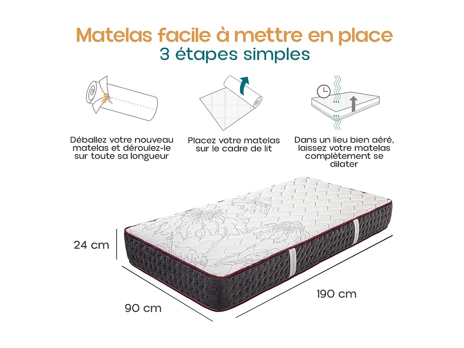 Matelas KERIA 90x190 cm, réversible en mousse mémoire de forme haute adaptabilité et ergonomique, indépendance du couchage, épaisseur 24cm