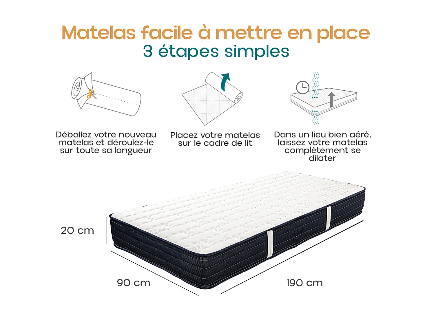 Matelas DORA 90x190 cm, réversible en mousse mémoire de forme haute adaptabilité et ergonomique, indépendance du couchage, épaisseur 20cm