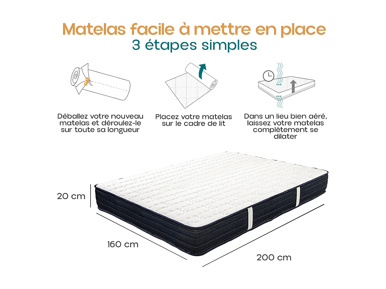 Matelas DORA Queen Size 160x200 cm, réversible en mousse mémoire de forme haute adaptabilité et ergonomique, indépendance du couchage, épaisseur 20cm
