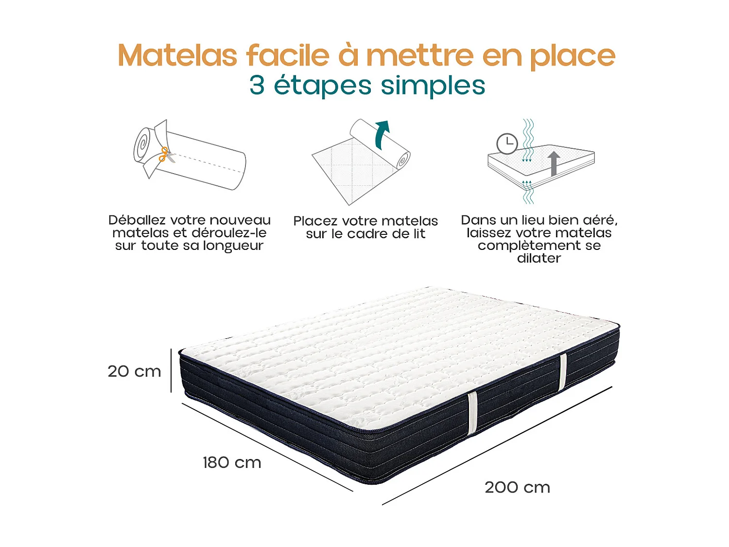 Matelas DORA King Size 180x200 cm, réversible en mousse mémoire de forme haute adaptabilité et ergonomique, indépendance du couchage, épaisseur 20cm