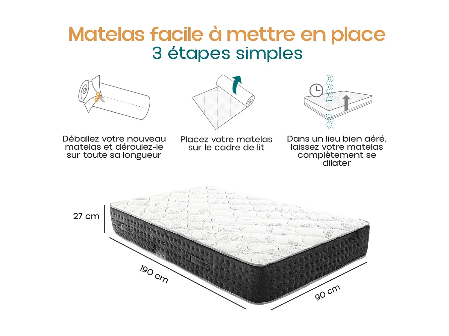 Matelas MORGA 90x190 cm, à ressorts ensachés, en mousse haute densité, Soutien très ferme, face été/hiver, épaisseur 27 cm