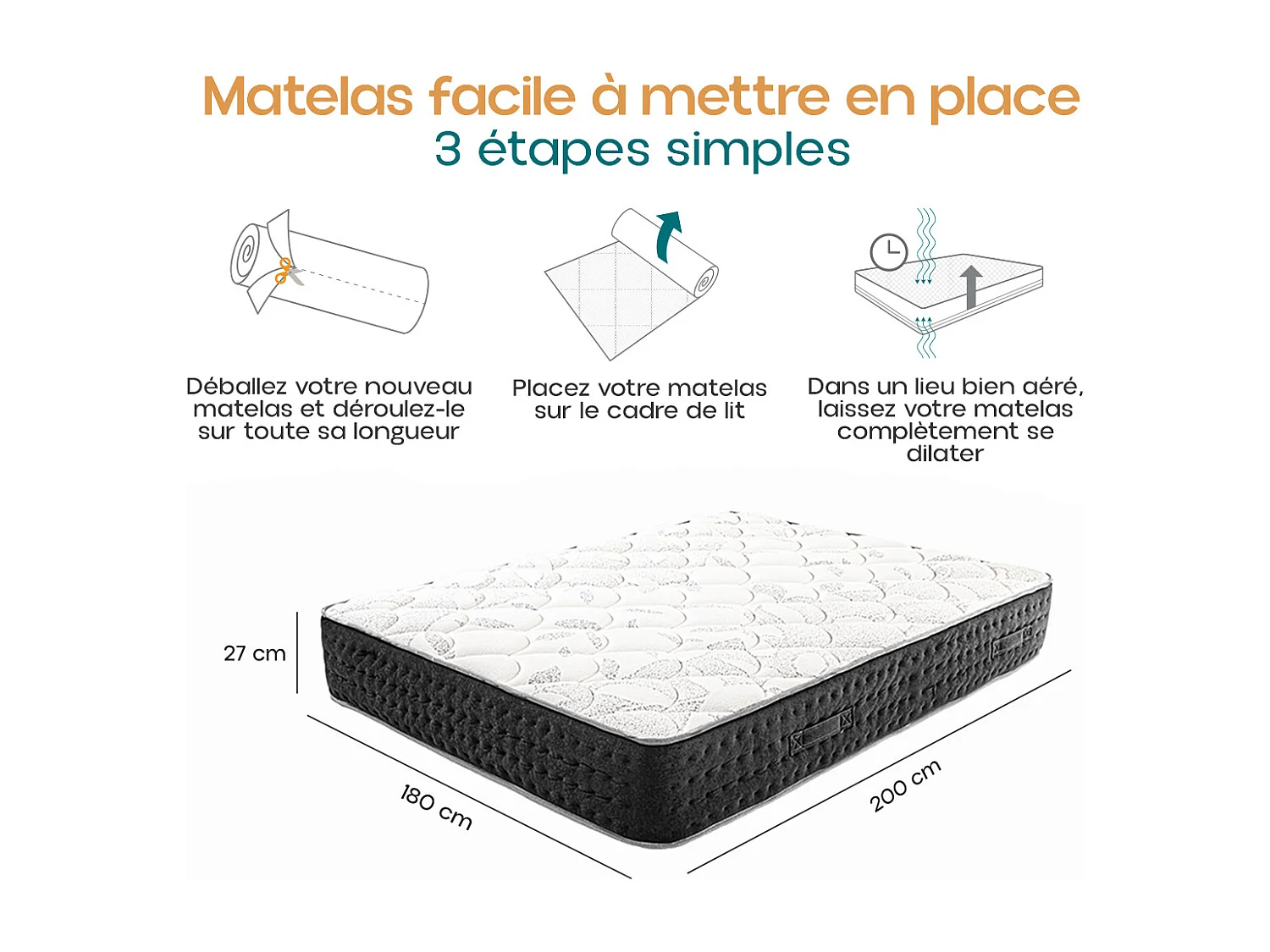 Matelas MORGA King Size 180x200 cm, à ressorts ensachés, en mousse haute densité, Soutien très ferme, face été/hiver, épaisseur 27 cm
