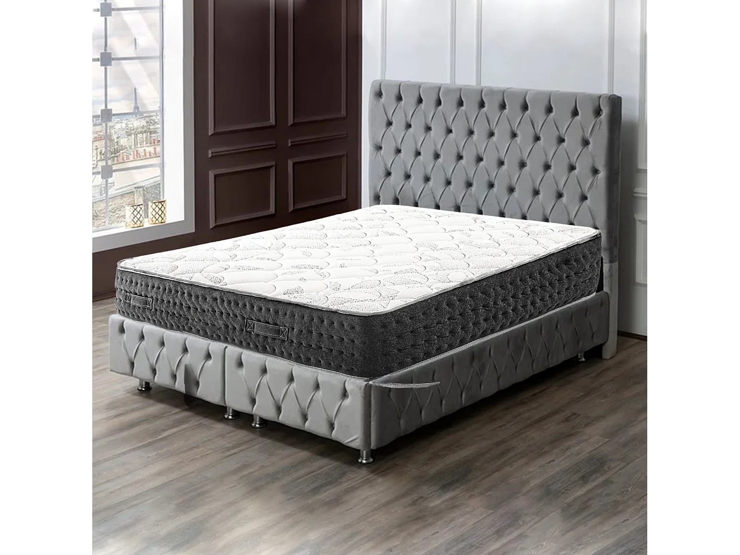 Matelas MORGA Queen Size 160x200 cm, à ressorts ensachés, en mousse haute densité, Soutien très ferme, face été/hiver, épaisseur 27 cm
