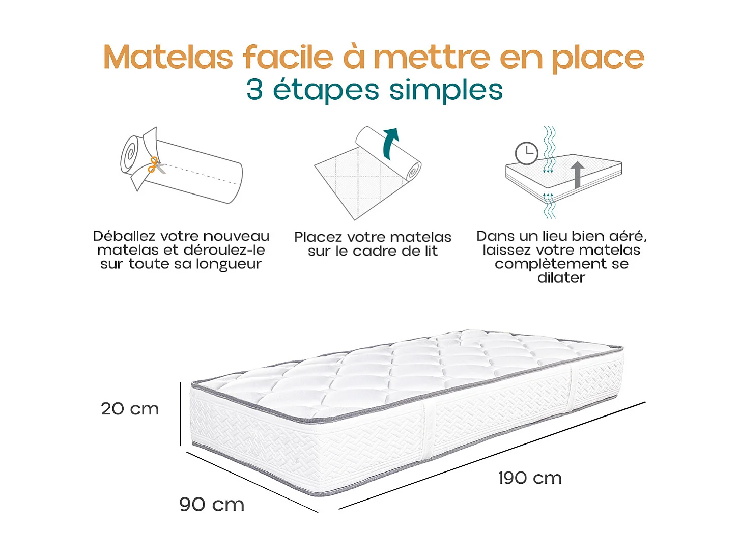 Matelas RONA 90x190 cm, réversible en mousse Memosoft100 à mémoire de forme et indépendance du couchage, épaisseur 20cm