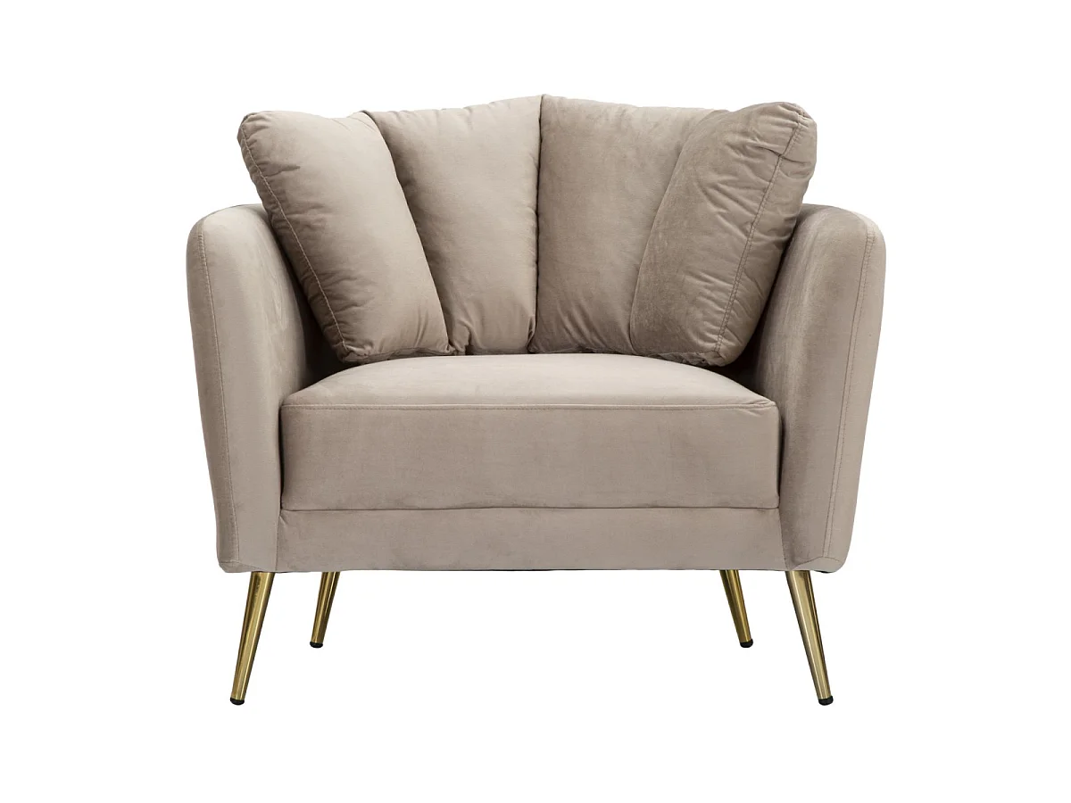 Glamouröser Kiew-Sessel mit grauem Stoffbezug, Eukalyptusholzgestell und goldfarbenen Metallbeinen – 88 x 77 x 74 cm