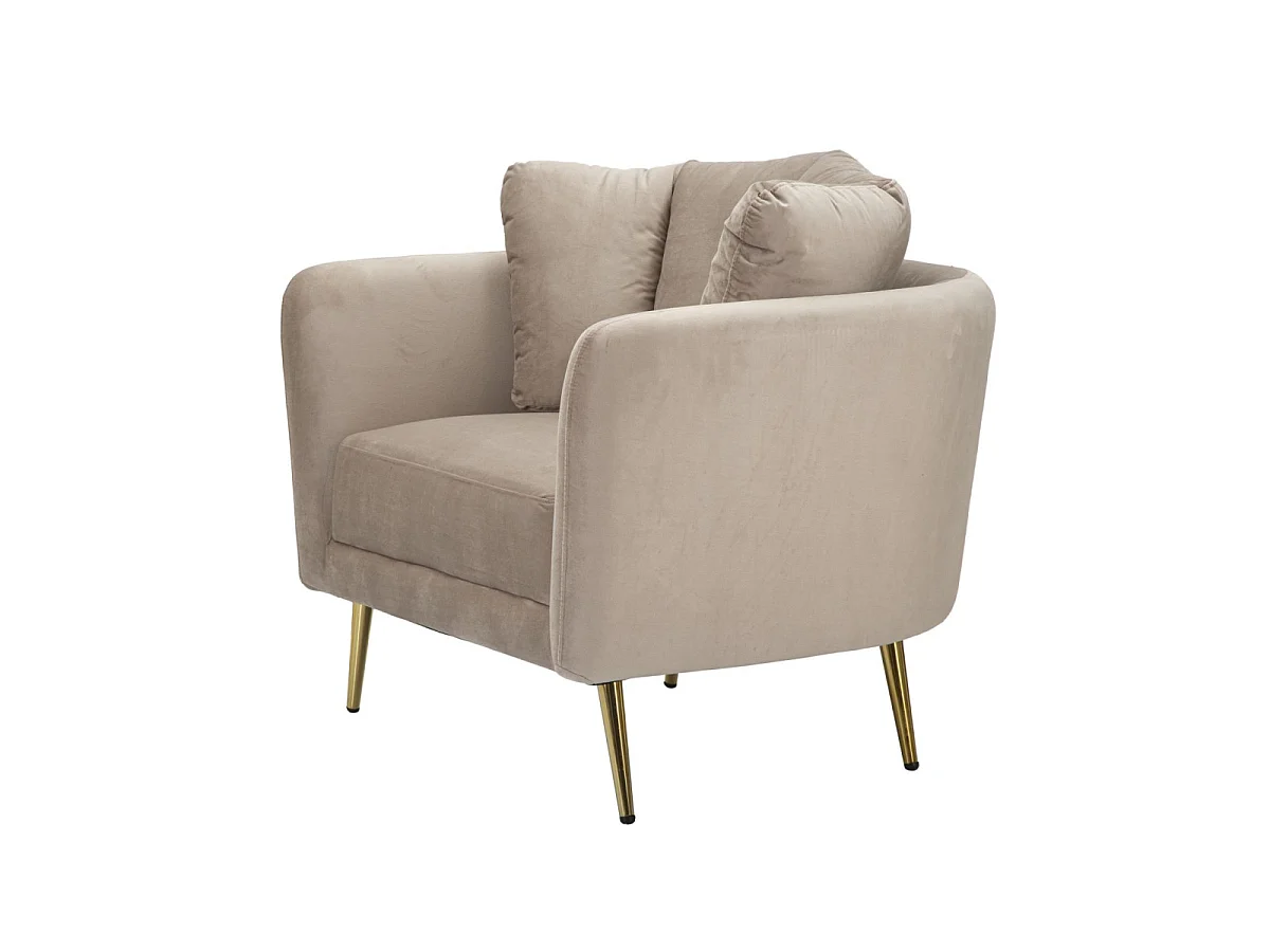 Glamouröser Kiew-Sessel mit grauem Stoffbezug, Eukalyptusholzgestell und goldfarbenen Metallbeinen – 88 x 77 x 74 cm
