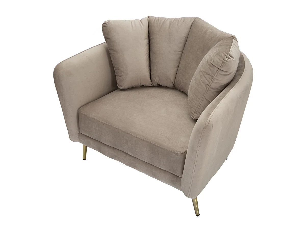 Glamouröser Kiew-Sessel mit grauem Stoffbezug, Eukalyptusholzgestell und goldfarbenen Metallbeinen – 88 x 77 x 74 cm