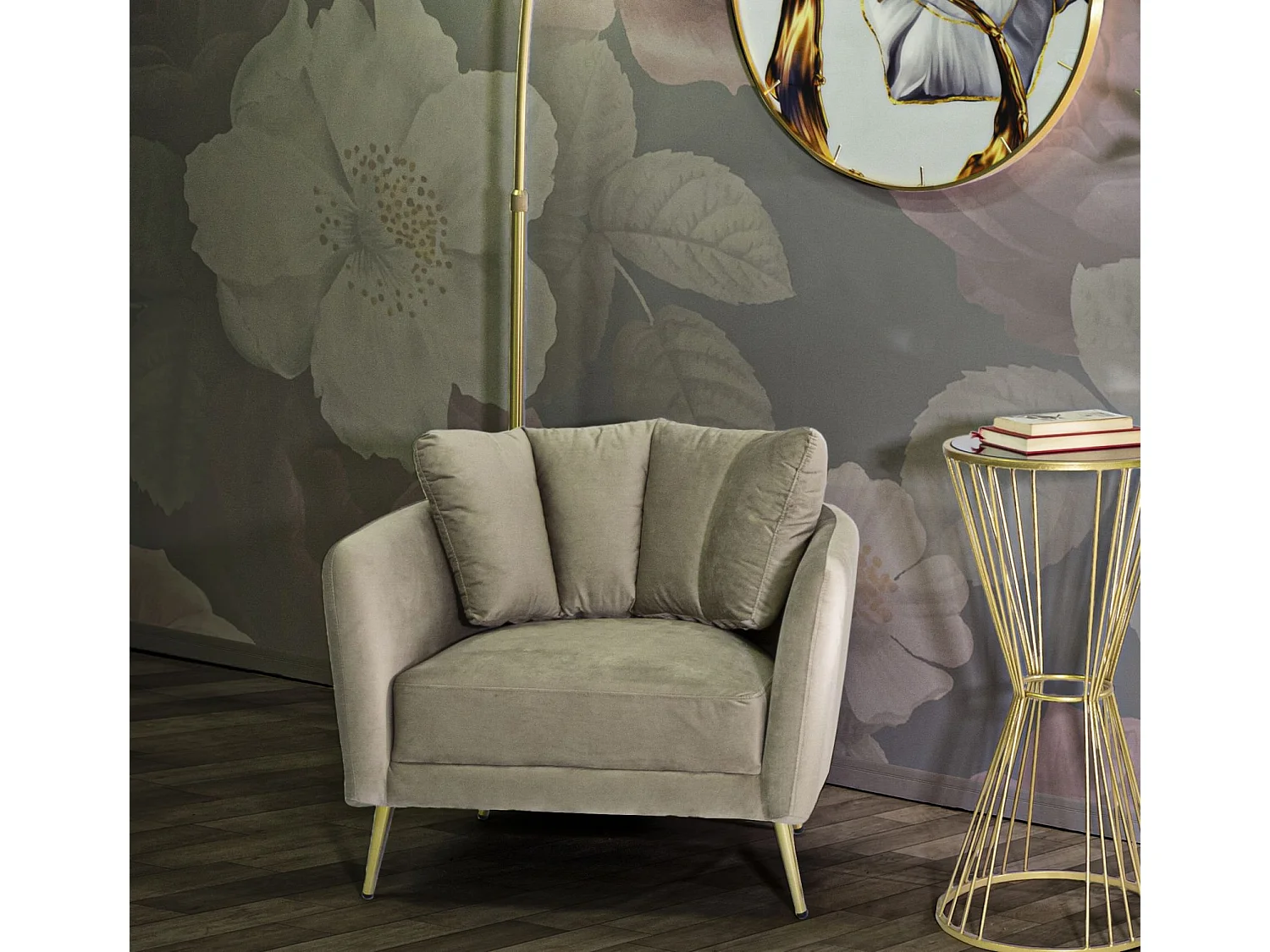 Glamouröser Kiew-Sessel mit grauem Stoffbezug, Eukalyptusholzgestell und goldfarbenen Metallbeinen – 88 x 77 x 74 cm