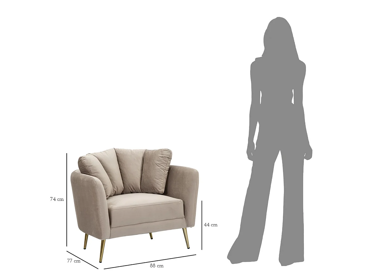 Glamouröser Kiew-Sessel mit grauem Stoffbezug, Eukalyptusholzgestell und goldfarbenen Metallbeinen – 88 x 77 x 74 cm