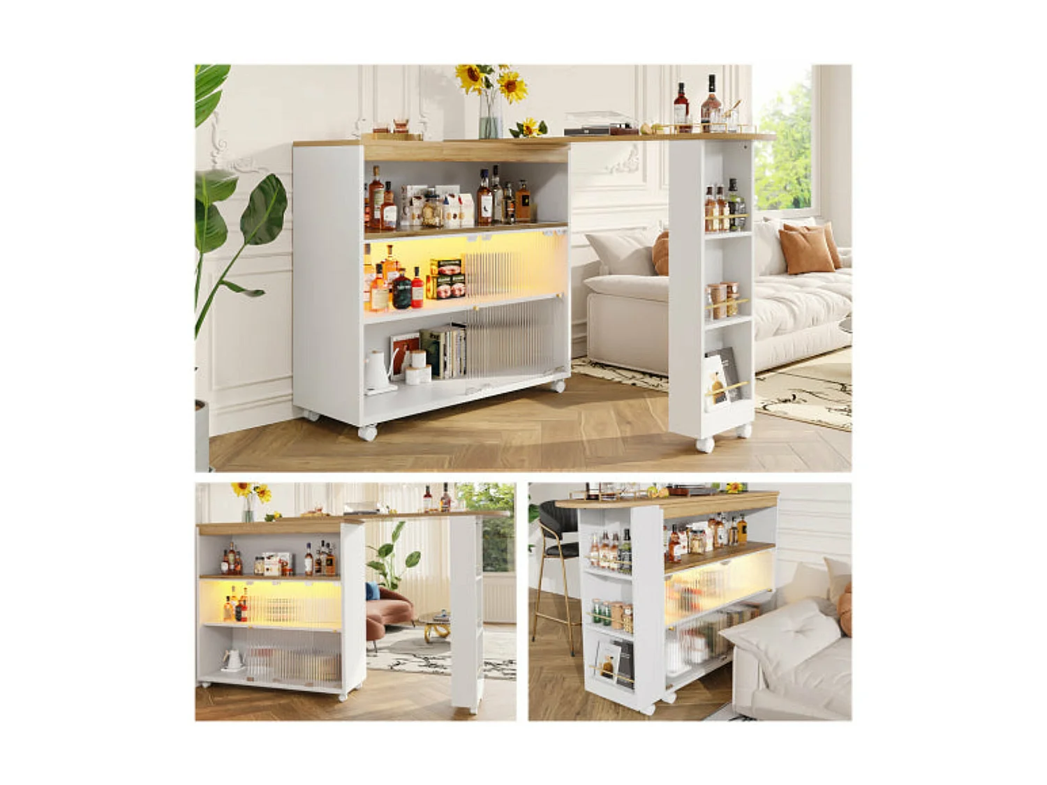 Table de bar extensible avec rangement, télescopique, blanc,d204cm×h105cm