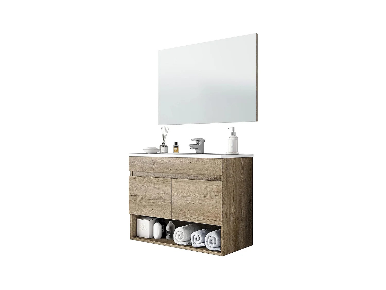 Meuble salle de bain suspendu sous-vasque avec 2 portes + Miroir finition nordik - Longueur 80 x Hauteur 64 x Profondeur 45cm