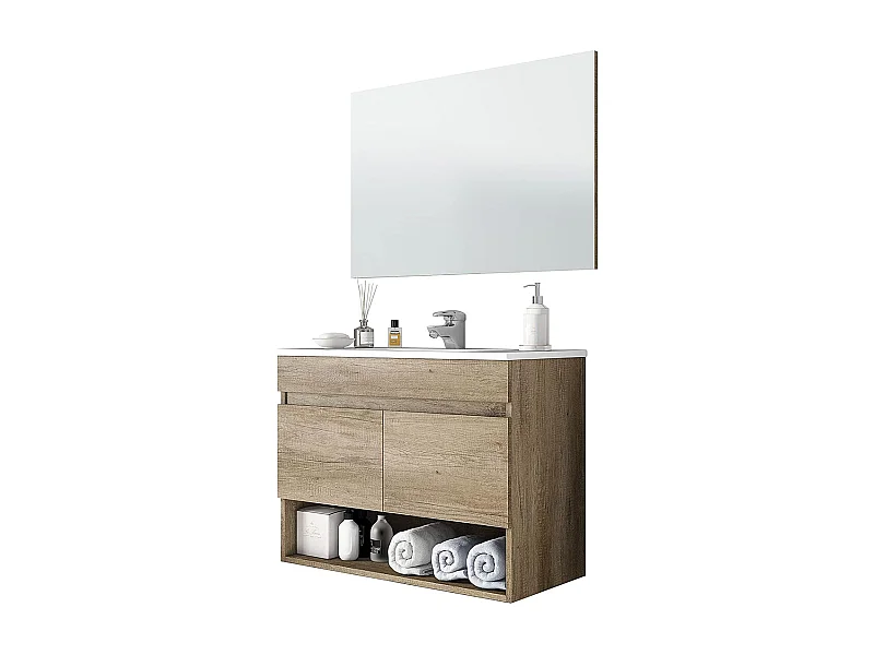 Meuble salle de bain suspendu sous-vasque avec 2 portes + Miroir finition nordik - Longueur 80 x Hauteur 64 x Profondeur 45cm