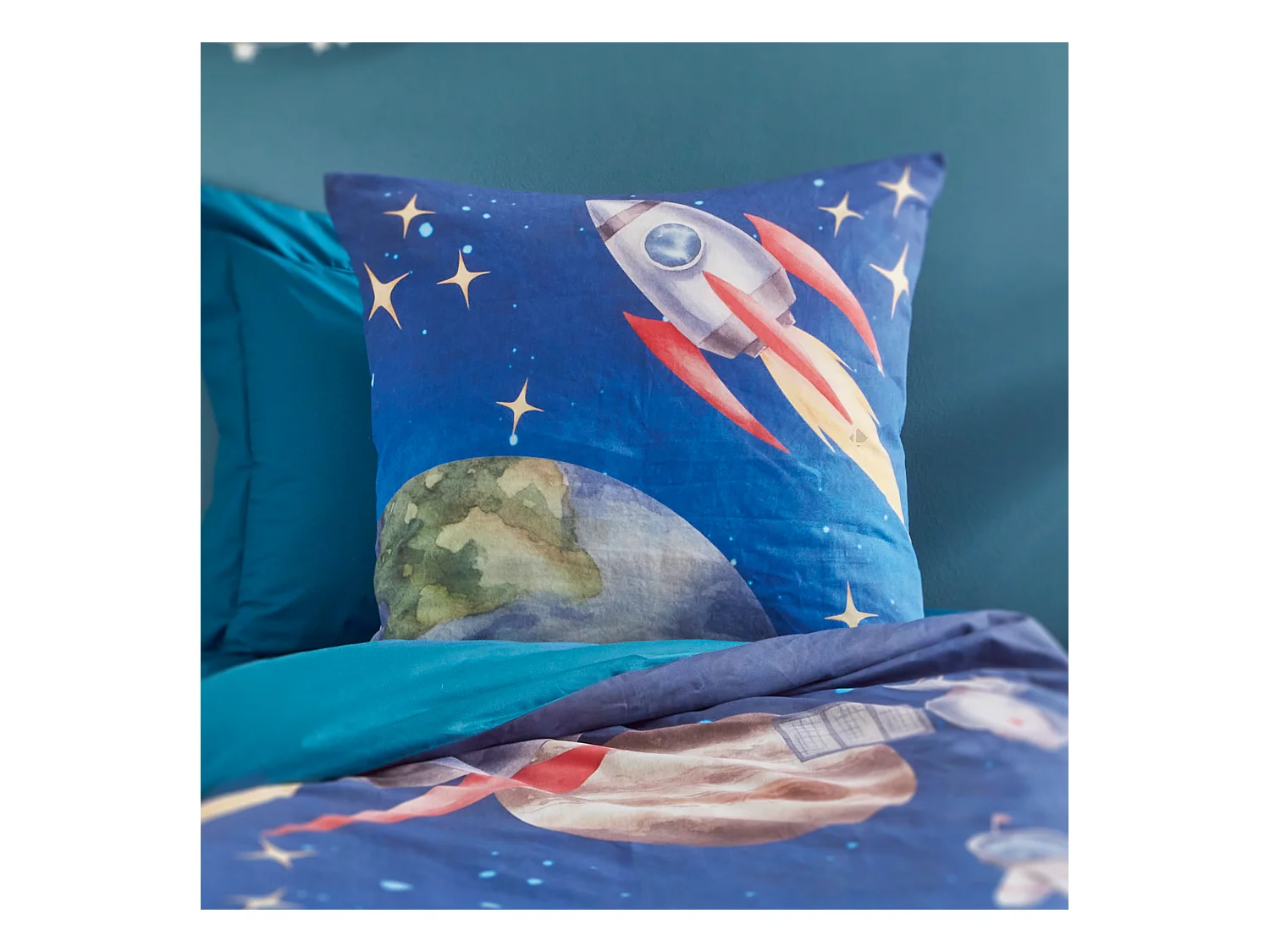 Parure de lit 2 pièces : housse 140x200 cm et taie 65x65 cm en percale de coton THOMAS bleu