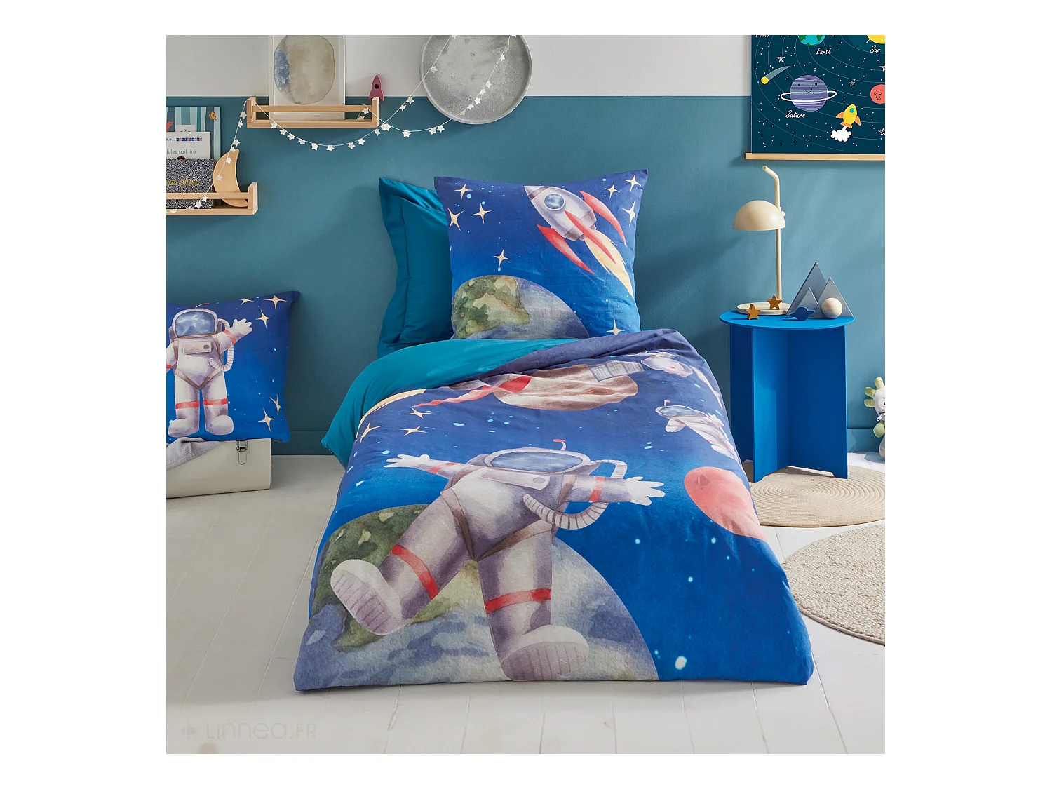 Parure de lit 2 pièces : housse 140x200 cm et taie 65x65 cm en percale de coton THOMAS bleu